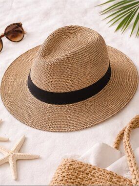 Toucan Straw Sun Hat Wide Brim Tan w/ Black Band Beach Summer Classic